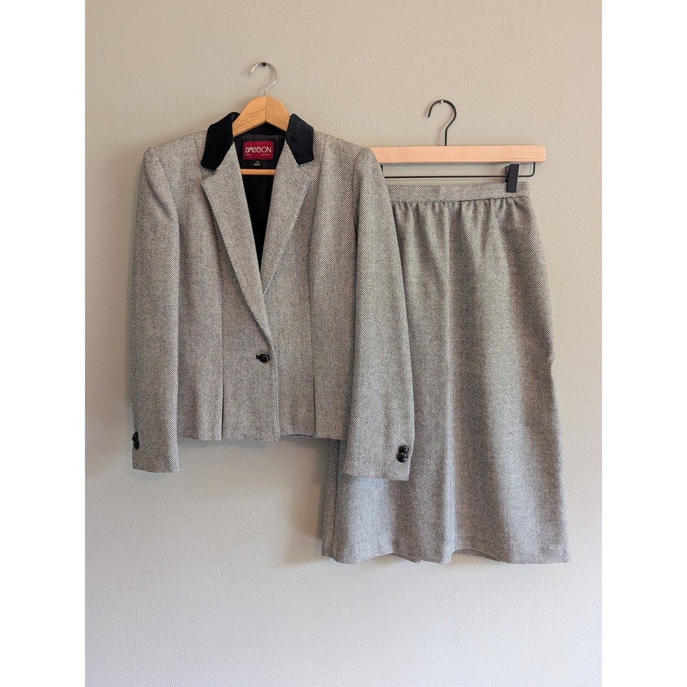 Vintage Sasson Skirt Suit Set Black White Houndstooth Velvet Collar Wool Blend 4